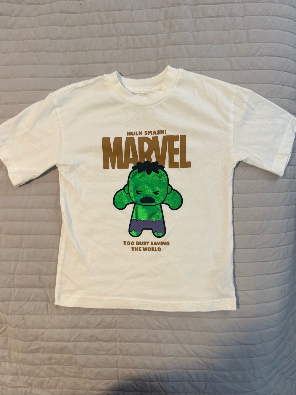 Marvel for H&M White Tee with Green Hulk Character and Gold Logo - 4T